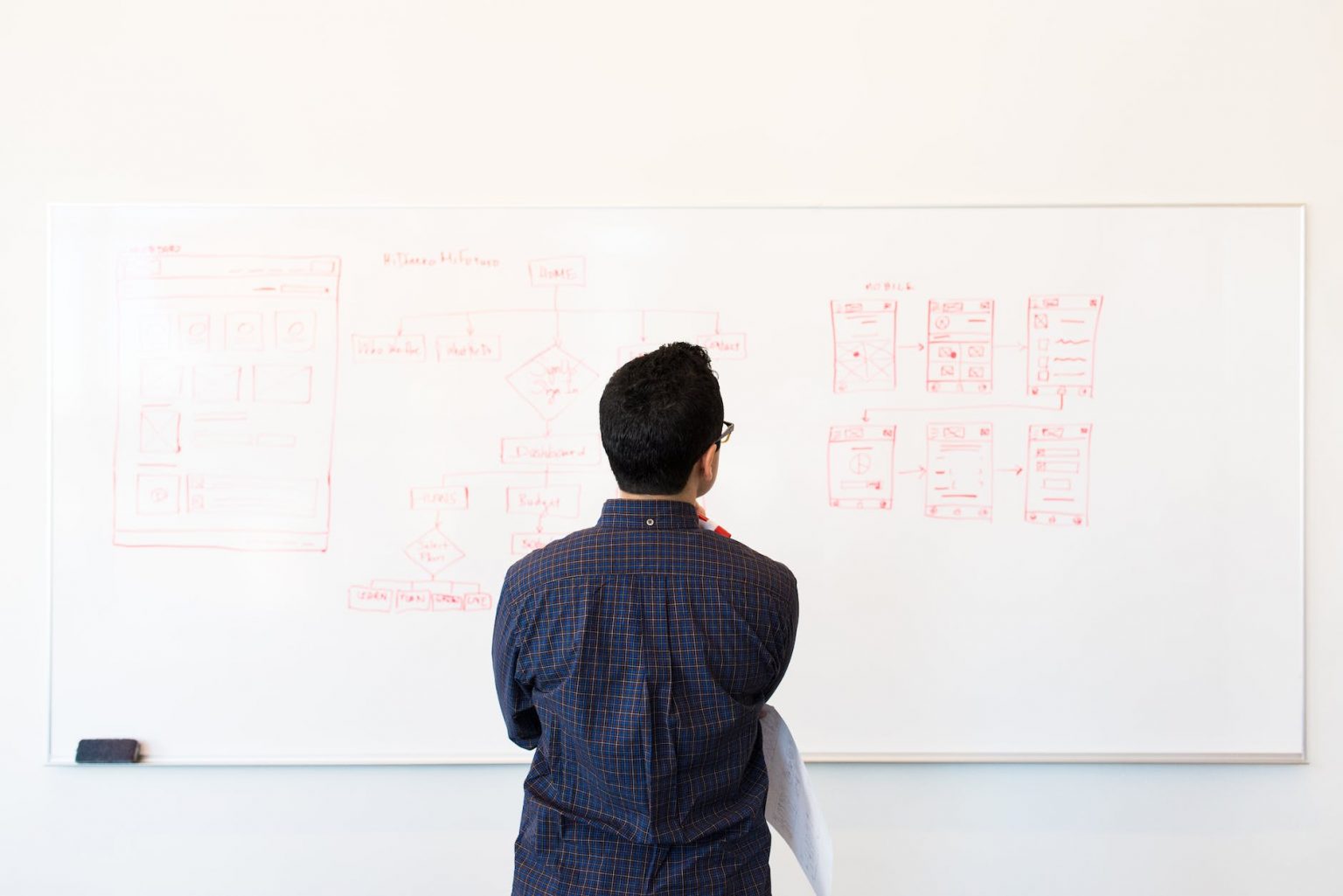 man wearing blue dress shirt facing whiteboard